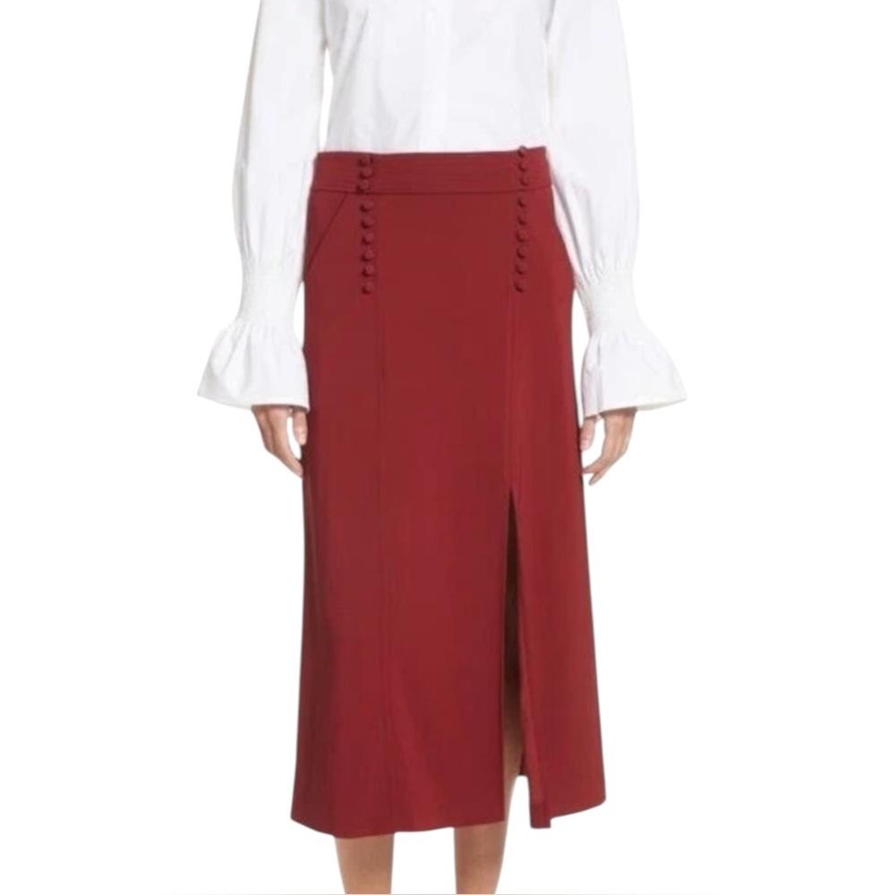 A.L.C. Size 0 Sydney Slit Midi Skirt Red Buttons Maroon High Waist
